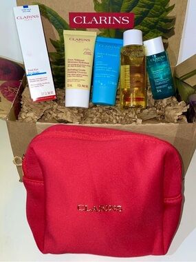 Clarins Travel Skincare Set with Red Cosmetic Pouch